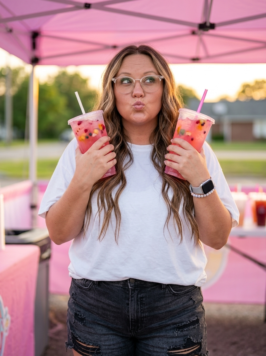 Sweet Creek Sips owner holding two fruity drinks under a pink tent